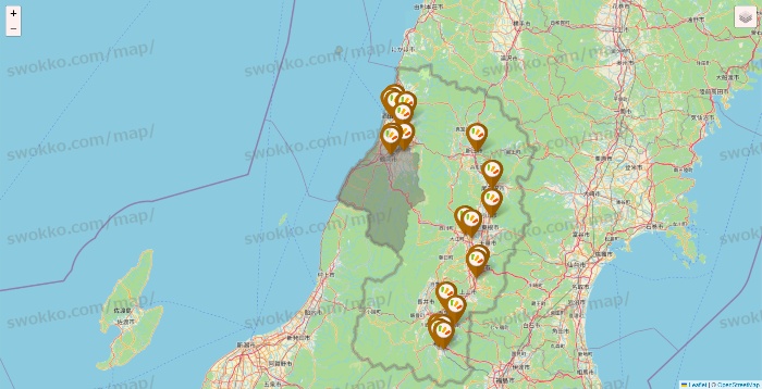 山形県のワッツ系列（ワッツ、ワッツウィズ、シルク、ミーツ、フレッツ、百圓領事館）の店舗地図