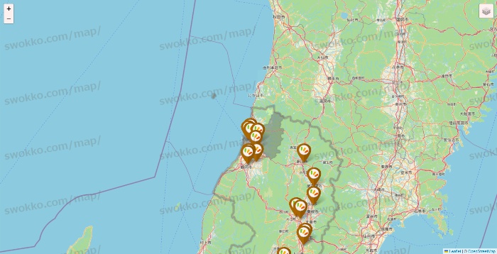 山形県のワッツ系列（ワッツ、ワッツウィズ、シルク、ミーツ、フレッツ、百圓領事館）の店舗地図