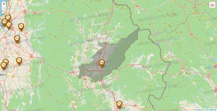 山形県のワッツ系列（ワッツ、ワッツウィズ、シルク、ミーツ、フレッツ、百圓領事館）の店舗地図