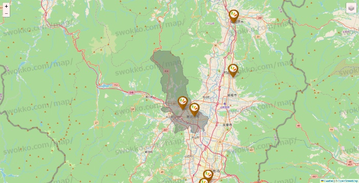 山形県のワッツ系列（ワッツ、ワッツウィズ、シルク、ミーツ、フレッツ、百圓領事館）の店舗地図