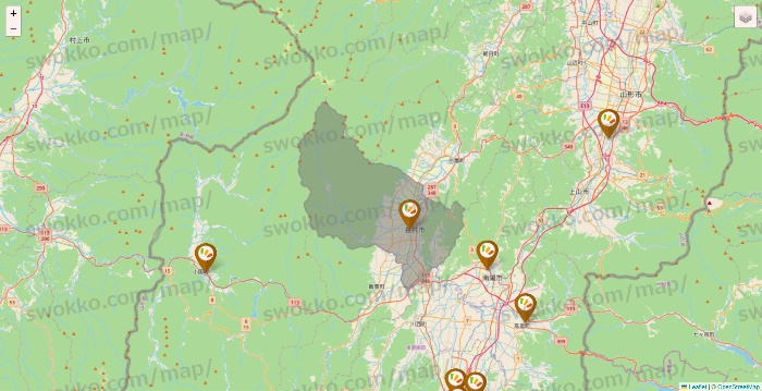山形県のワッツ系列（ワッツ、ワッツウィズ、シルク、ミーツ、フレッツ、百圓領事館）の店舗地図