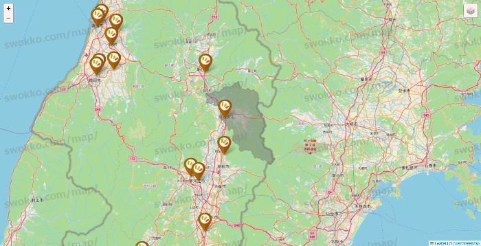 山形県のワッツ系列（ワッツ、ワッツウィズ、シルク、ミーツ、フレッツ、百圓領事館）の店舗地図