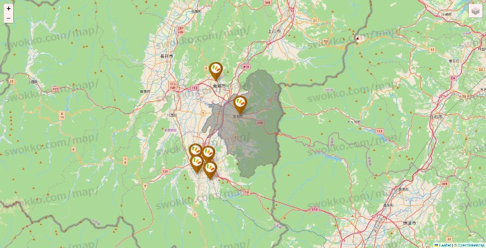 山形県のワッツ系列（ワッツ、ワッツウィズ、シルク、ミーツ、フレッツ、百圓領事館）の店舗地図