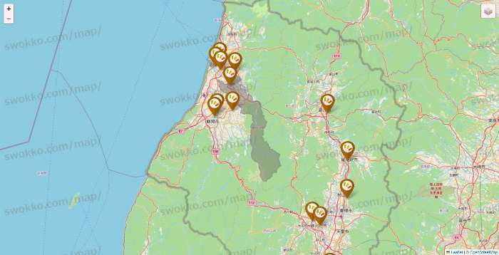 山形県のワッツ系列（ワッツ、ワッツウィズ、シルク、ミーツ、フレッツ、百圓領事館）の店舗地図