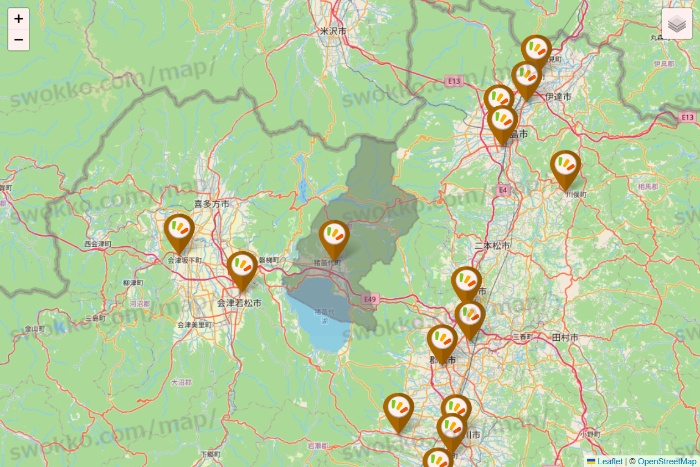 福島県のワッツ系列（ワッツ、ワッツウィズ、シルク、ミーツ、フレッツ、百圓領事館）の店舗地図