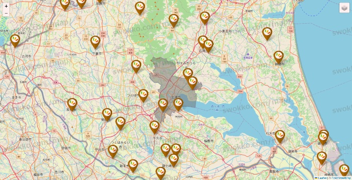 茨城県のワッツ系列（ワッツ、ワッツウィズ、シルク、ミーツ、フレッツ、百圓領事館）の店舗地図