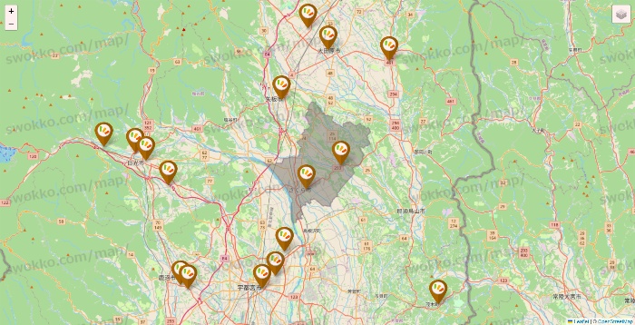 栃木県のワッツ系列（ワッツ、ワッツウィズ、シルク、ミーツ、フレッツ、百圓領事館）の店舗地図