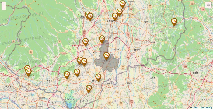 栃木県のワッツ系列（ワッツ、ワッツウィズ、シルク、ミーツ、フレッツ、百圓領事館）の店舗地図