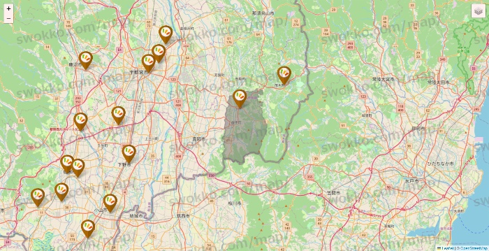栃木県のワッツ系列（ワッツ、ワッツウィズ、シルク、ミーツ、フレッツ、百圓領事館）の店舗地図