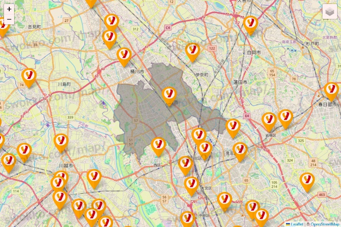 埼玉県のヤオコーの店舗地図